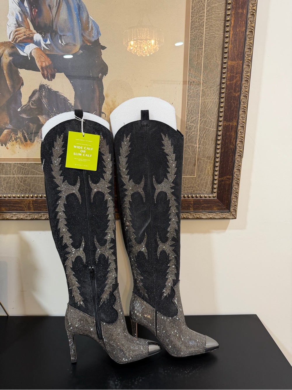 Gianni Bini Black and Silver Tall Western-Inspired Glitter Heel Boots